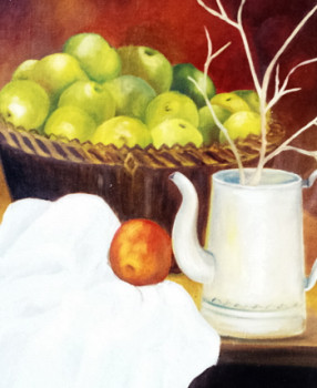 Obra contemporánea nombrada « aux pommes vertes devant carafe », Hecho por FRANçOISE COEURET