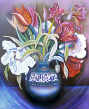 Obra contemporánea nombrada « Les tulipes au vase calligraphié N° 129MP », Hecho por ABERNARDO