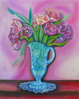 Obra contemporánea nombrada « Les tulipes au vase de cristal N° 125MP », Hecho por ABERNARDO