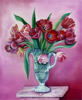 Obra contemporánea nombrada « Les tulipes rouges au vase de cristal N°124 », Hecho por ABERNARDO