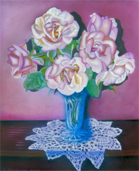 Obra contemporánea nombrada « Les roses au vase de cristal N° 127 », Hecho por ABERNARDO