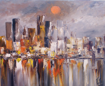Obra contemporánea nombrada « LUNE ROUSSE SUR MANHATTAN », Hecho por PATE