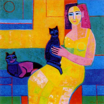 Obra contemporánea nombrada « Femme en jaune avec 2 chats », Hecho por FRANCE WAGNER