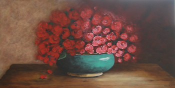 Obra contemporánea nombrada « VASE VERT ET ROSES ANCIENNES », Hecho por MIREILLE MAURY