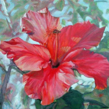 Obra contemporánea nombrada « hibiscus rouge », Hecho por MURIEL DOLEMIEUX