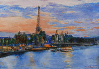 Obra contemporánea nombrada « Paris, La Seine et La tour Eiffel, nocturne », Hecho por JEAN-LUC CELCE