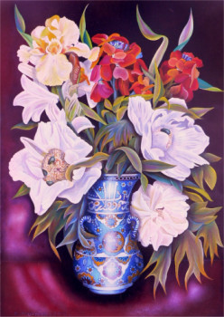 Obra contemporánea nombrada « Les paéonias blanches au vase d'IZNIK calligraphié », Hecho por ABERNARDO