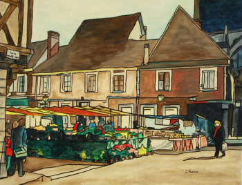 Obra contemporánea nombrada « Le marché aux fleurs de Nogent le Roi », Hecho por JOëL