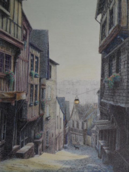 Obra contemporánea nombrada « Rue moyenâgeuse et un chien dinannais », Hecho por JACQUES TAFFOREAU