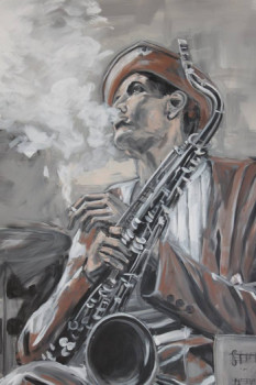 Obra contemporánea nombrada « Saxophoniste peint sur toile », Hecho por THIERRY HERR - ARTISTE PEINTRE DECORATEUR