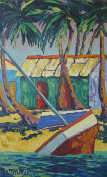 Obra contemporánea nombrada « Case de pêcheur et cocotiers », Hecho por MARICHALTON