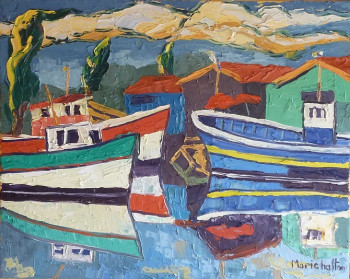 Obra contemporánea nombrada « Bateaux, cabanes, reflets », Hecho por MARICHALTON