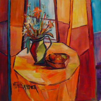 Obra contemporánea nombrada « La table jaune et le bouquet », Hecho por MONIQUE TAILLANDIER WALLON