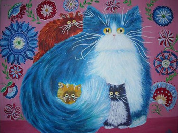 Obra contemporánea nombrada « Les chats avec les motifs à la russe », Hecho por OM