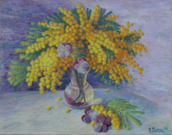 Obra contemporánea nombrada « Petit bouquet de mimosas avec pensées », Hecho por AMALIA MEREU