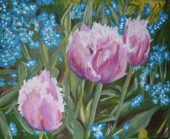 Obra contemporánea nombrada « fleurs roses », Hecho por MIREILLE BREGOU