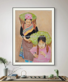 Obra contemporánea nombrada « les porteuses de thé, Vietnam », Hecho por AMANDINEDESSINATRICE