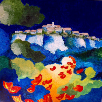 Obra contemporánea nombrada « Village provençal sur les rochers et envol de papillons », Hecho por PATRICIA DELEY