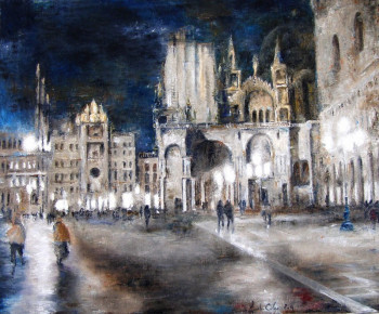 Obra contemporánea nombrada « Venise, place St Marc, nocturne », Hecho por JEAN-LUC CELCE