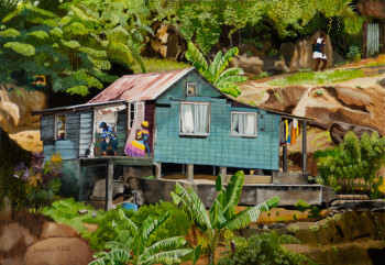 Obra contemporánea nombrada « Maison bleue des Caraïbes », Hecho por JACQUELINE VERNAY-MILLOT