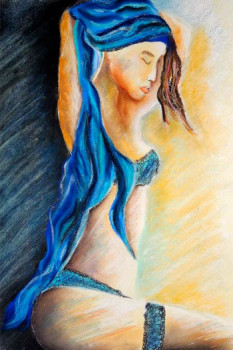 Obra contemporánea nombrada « Femme au foulard bleu », Hecho por GHISLAINE CAPRIN