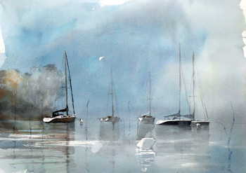 Obra contemporánea nombrada « Brume sur Irus (Golfe du Morbihan) », Hecho por HENRI DUROSELLE
