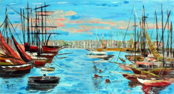 Obra contemporánea nombrada « Voiliers au port », Hecho por JACKY MONKA