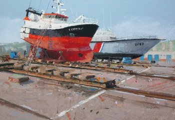 Obra contemporánea nombrada « Navires aux chantiers », Hecho por JEAN-YVES MARREC