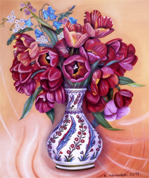 Obra contemporánea nombrada « Les tulipes rouges au vase d'IZNIK », Hecho por ABERNARDO