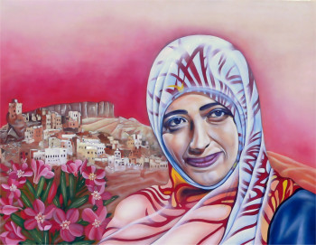 Obra contemporánea nombrada « Des lauriers roses pour TAWAKKOL KARMAN (Yemen) Prix Nobel de la paix en 2011 », Hecho por ABERNARDO