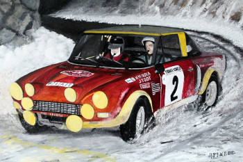 Obra contemporánea nombrada « Monte Carlo 1975- FIAT ABARTH 124 SPIDER- HANNU MIKOLA- JEAN TODT », Hecho por ALAIN PINEDE