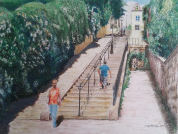 Obra contemporánea nombrada « RUE DU CALVAIRE AU BAS DE L'ESCALIER », Hecho por JACQUES TAFFOREAU