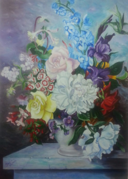 Obra contemporánea nombrada « Bouquet de fleurs sur table marbré et fond Pastel », Hecho por BOUTIN