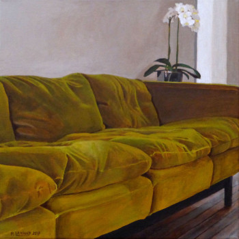 Obra contemporánea nombrada « Intérieur N°66 The Green Sofa N°2 », Hecho por PATRICE LANNOY