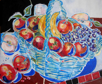 Obra contemporánea nombrada « Panier pommes Faraud et raisins noirs », Hecho por DELALEUF