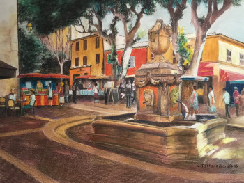 Obra contemporánea nombrada « PLACE DU MARCHÉ ET SA FONTAINE 1 », Hecho por JACQUES TAFFOREAU