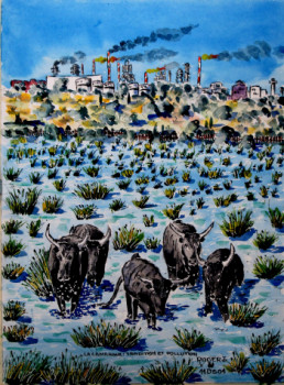 Obra contemporánea nombrada « " Camargue : tradition et pollution " N° : 11 DS 01 », Hecho por ROGER J.