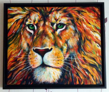 Obra contemporánea nombrada « Lion de feu - tableau animalier », Hecho por VINADELLE