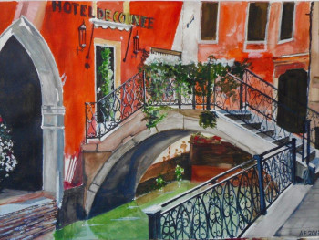 Obra contemporánea nombrada « Venise Petit Pont.   aquarelle », Hecho por ANDRé FEODOROFF