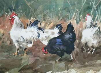 Obra contemporánea nombrada « Coq et poules  (Vendu) », Hecho por ARNOULD   -