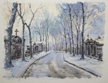 Obra contemporánea nombrada « L'hiver au Père Lachaise (aquarelle 35 x 27) », Hecho por ARNOULD   -