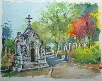 Obra contemporánea nombrada « Cimetière du père Lachaise (aquarelle 33 x 24) », Hecho por ARNOULD   -