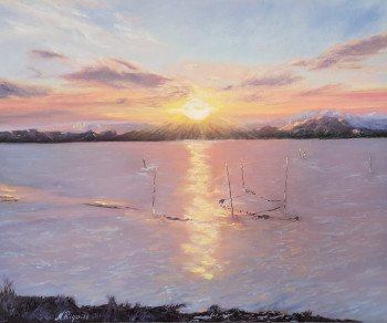 Obra contemporánea nombrada « Coucher de soleil Etang de LEUCATE », Hecho por NADYA RIGAILL