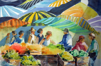 Obra contemporánea nombrada « Sous les Parasols du Marché (20-002) », Hecho por JACQUELINE PELON