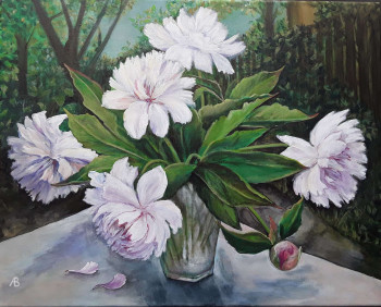 Obra contemporánea nombrada « branche de Pivoine dans le jardin », Hecho por ALEKSANDRA