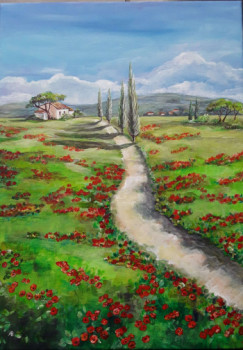 Obra contemporánea nombrada « Chemin de coquelicots en Provence », Hecho por ALEKSANDRA