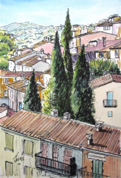 Obra contemporánea nombrada « VUE DES TOITS DE BORMES LES MIMOSAS », Hecho por JOUAN