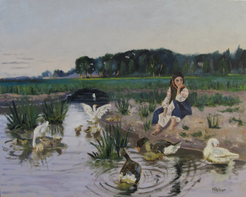 Obra contemporánea nombrada « Jeune fille s'occupant d'oies », Hecho por REBER KAROL