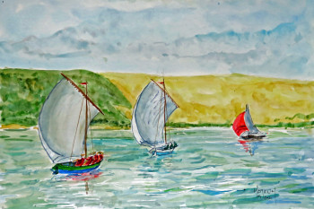 Obra contemporánea nombrada « Deux pinassotes à voile devant la dune du Pilat », Hecho por MICHEL HAMELIN