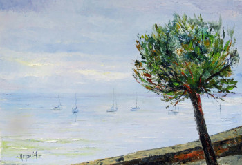 Obra contemporánea nombrada « Pin et brume sur le bassin d'Arcachon », Hecho por MICHEL HAMELIN